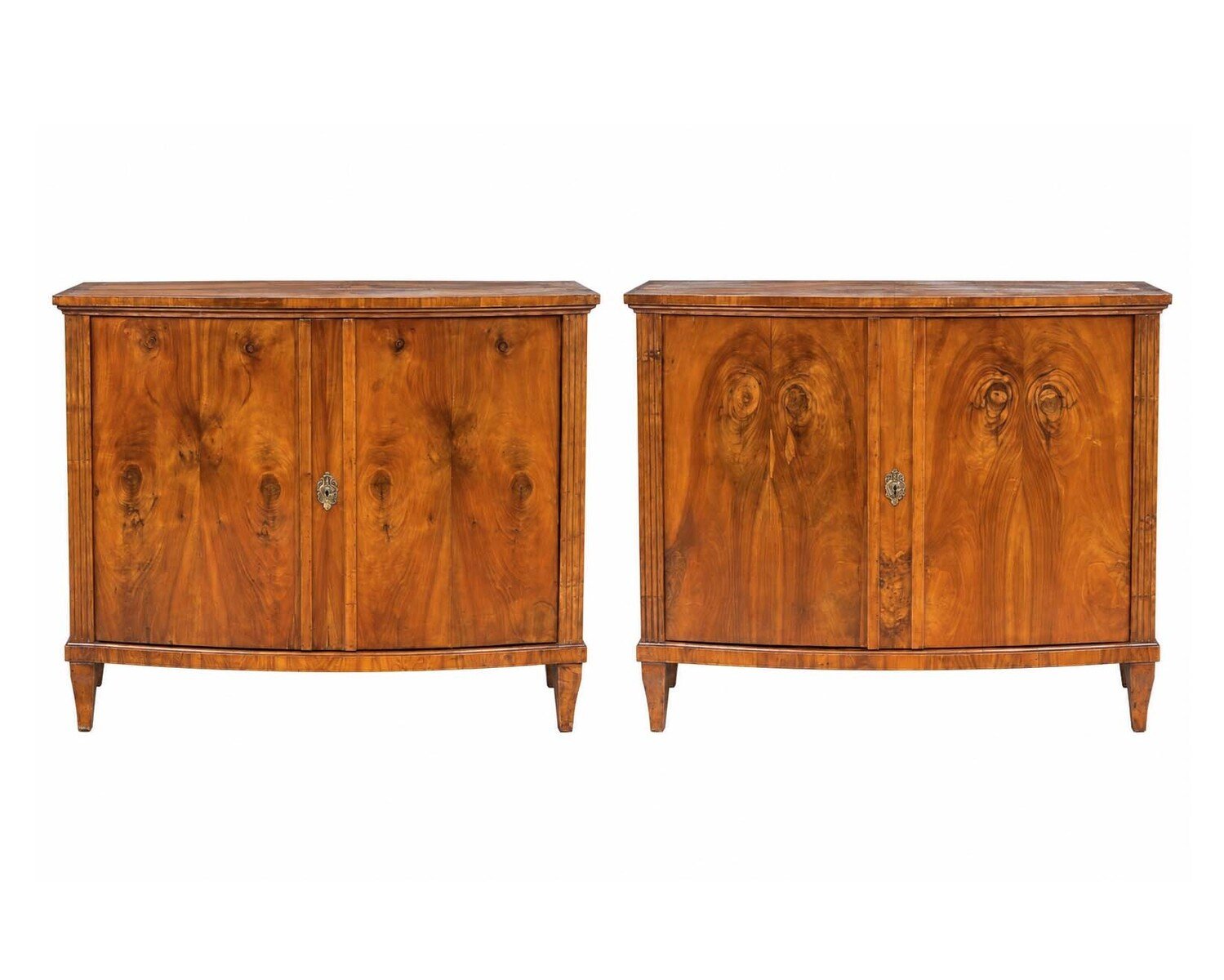 Pair of Italian Neoclassical Walnut Bow-Front Cabinets, Early 19th Century