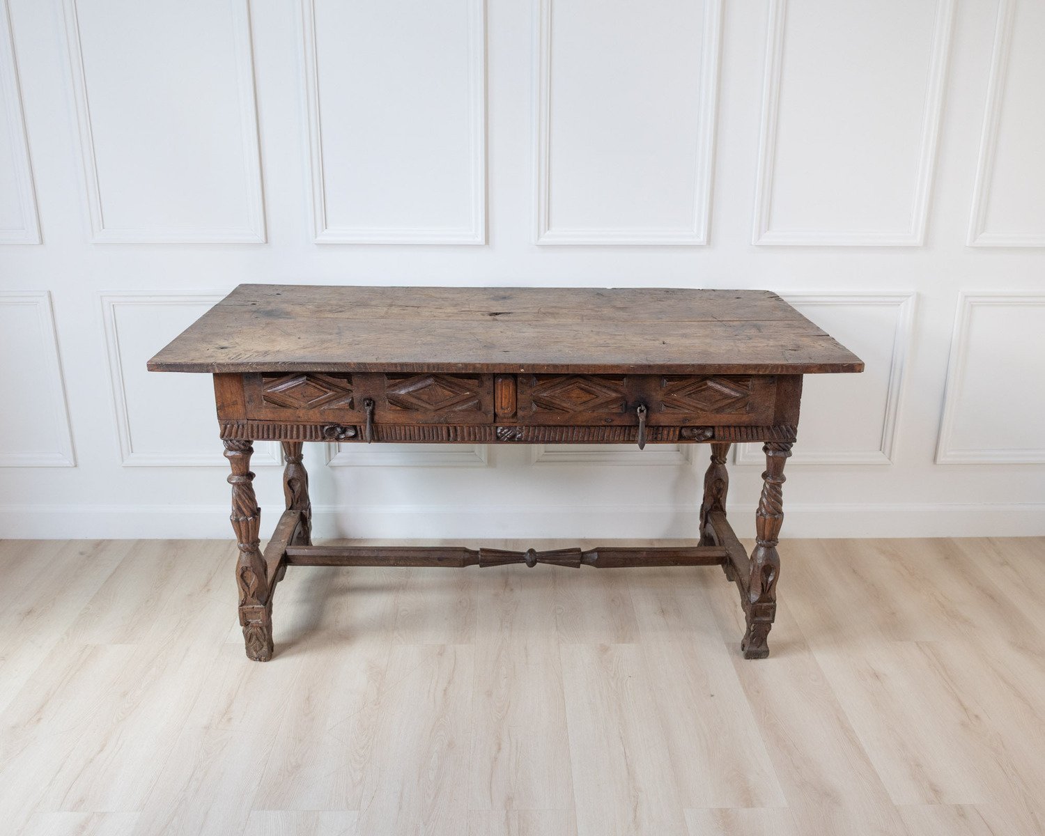 Early 19th century Portuguese carved chestnut two drawer table - JAA