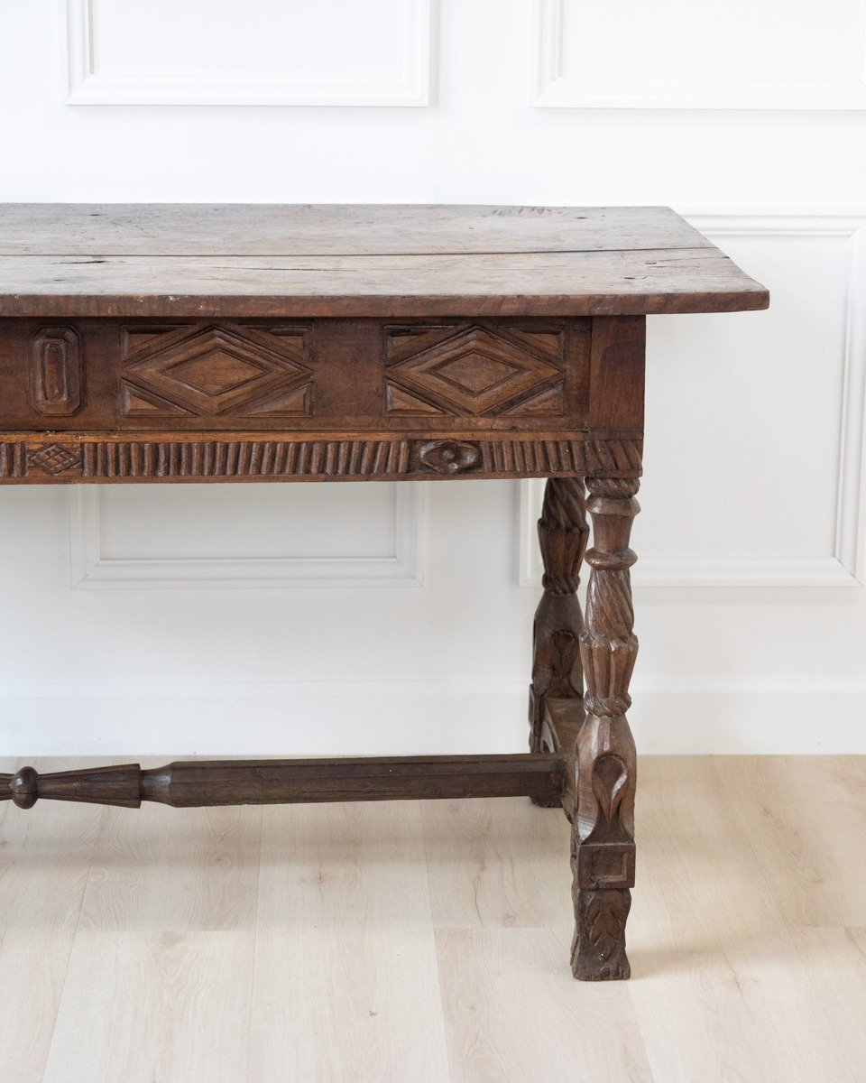 Early 19th century Portuguese carved chestnut two drawer table - JAA