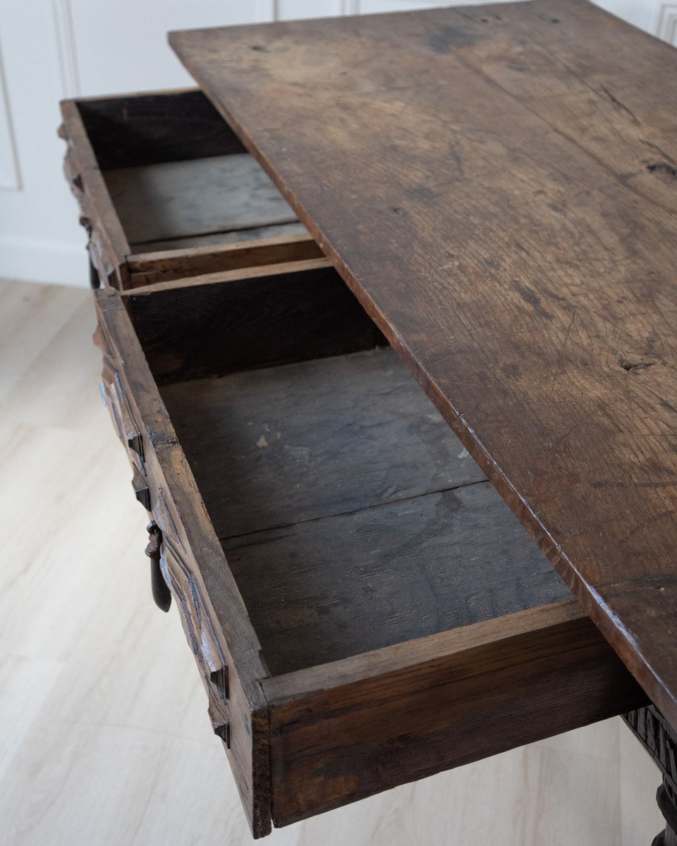 Early 19th century Portuguese carved chestnut two drawer table - JAA