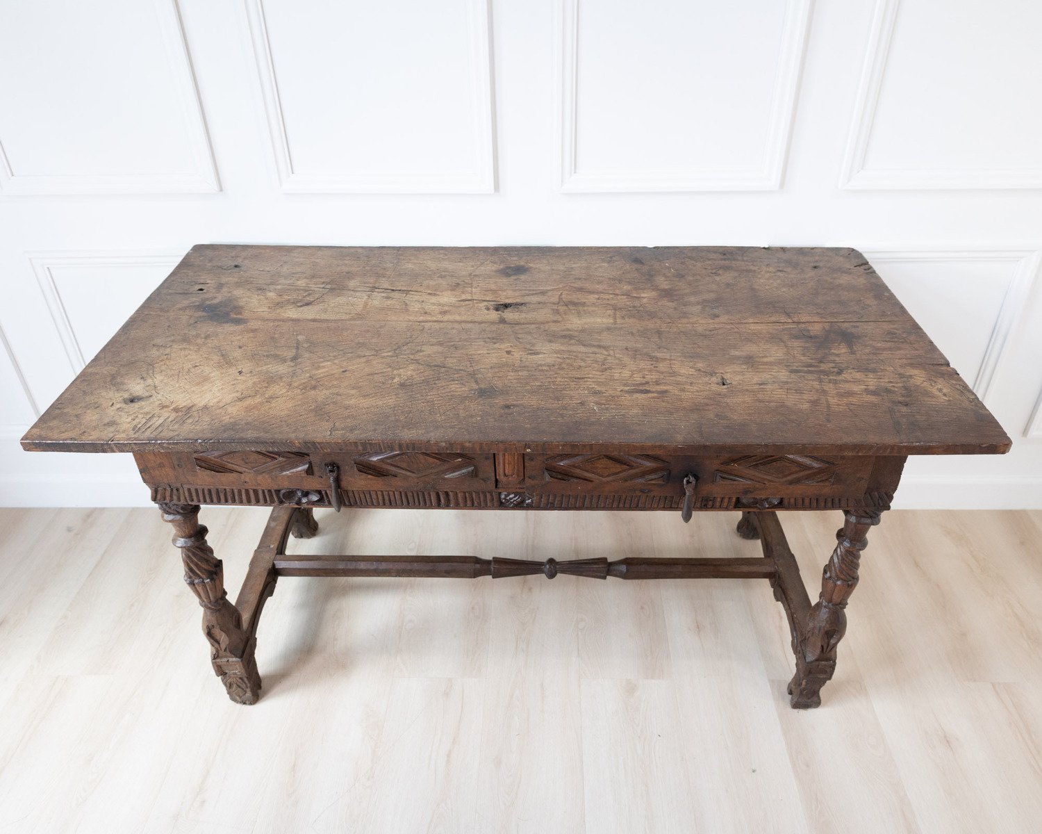 Early 19th century Portuguese carved chestnut two drawer table - JAA
