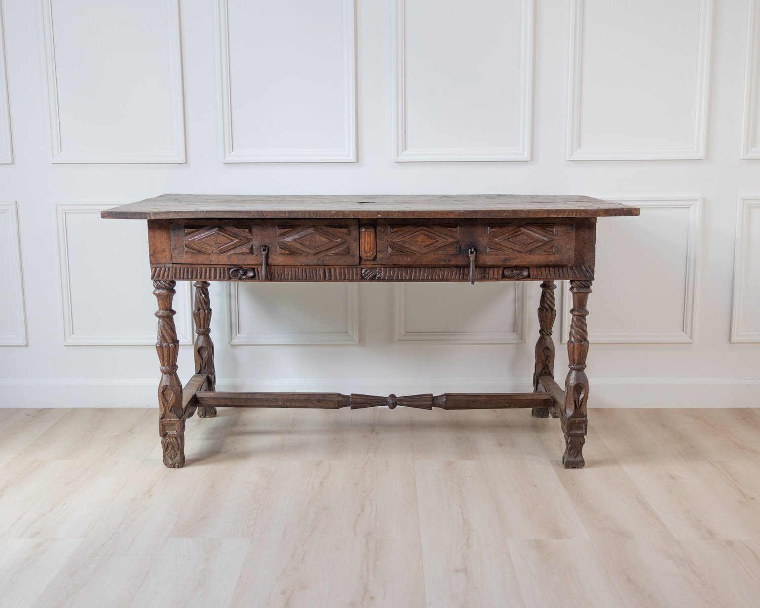 Early 19th century Portuguese carved chestnut two drawer table - JAA