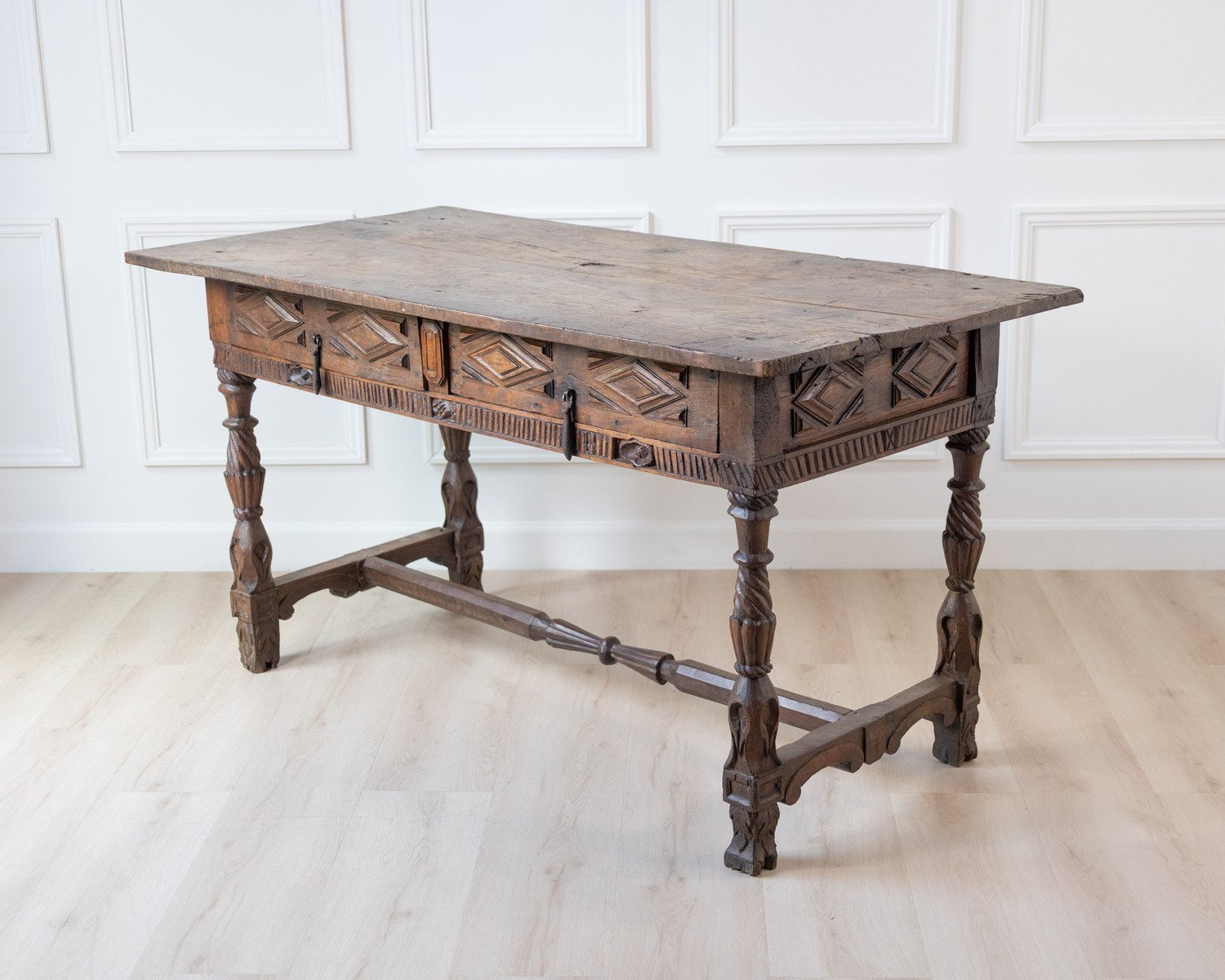 Early 19th century Portuguese carved chestnut two drawer table - JAA