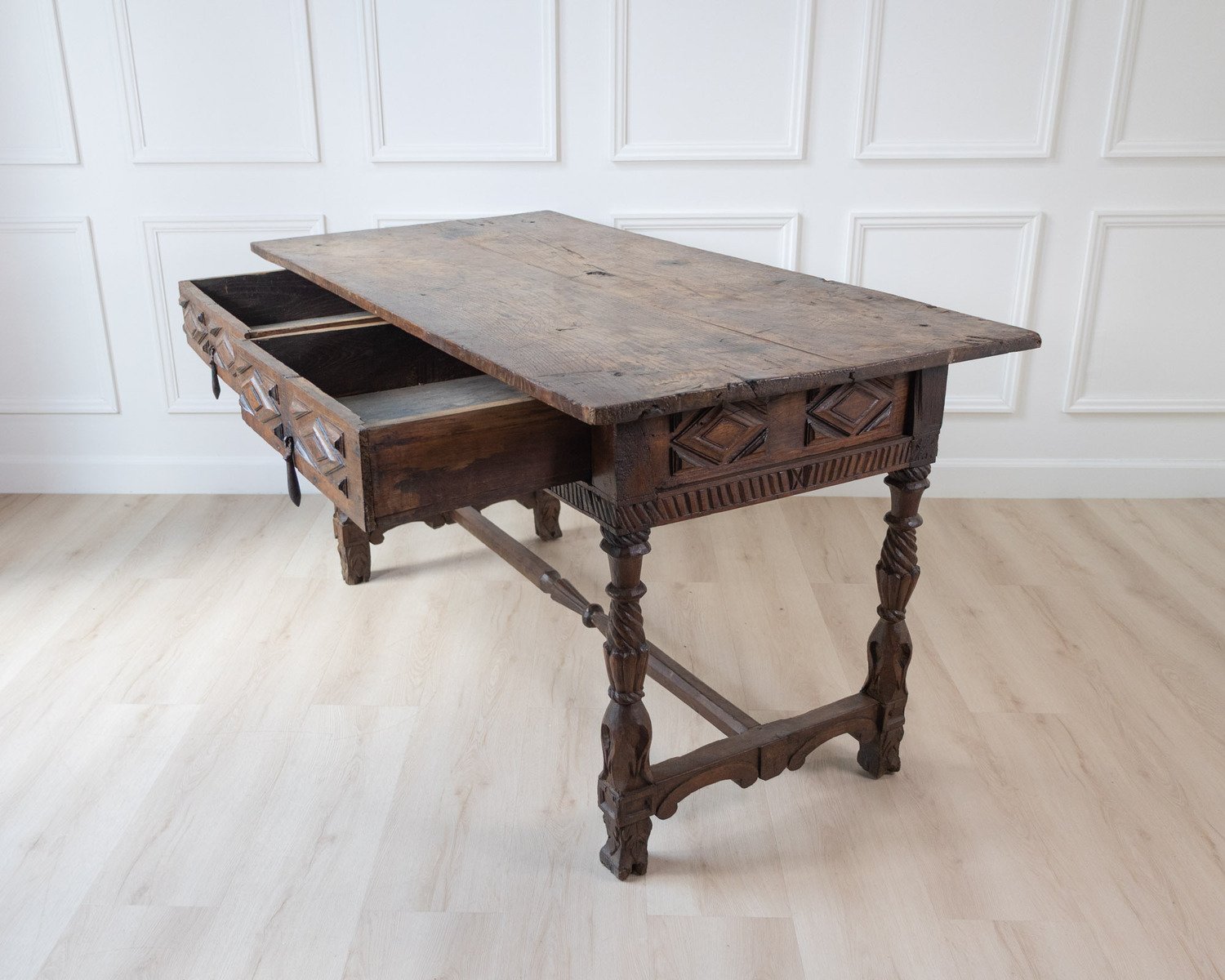 Early 19th century Portuguese carved chestnut two drawer table - JAA