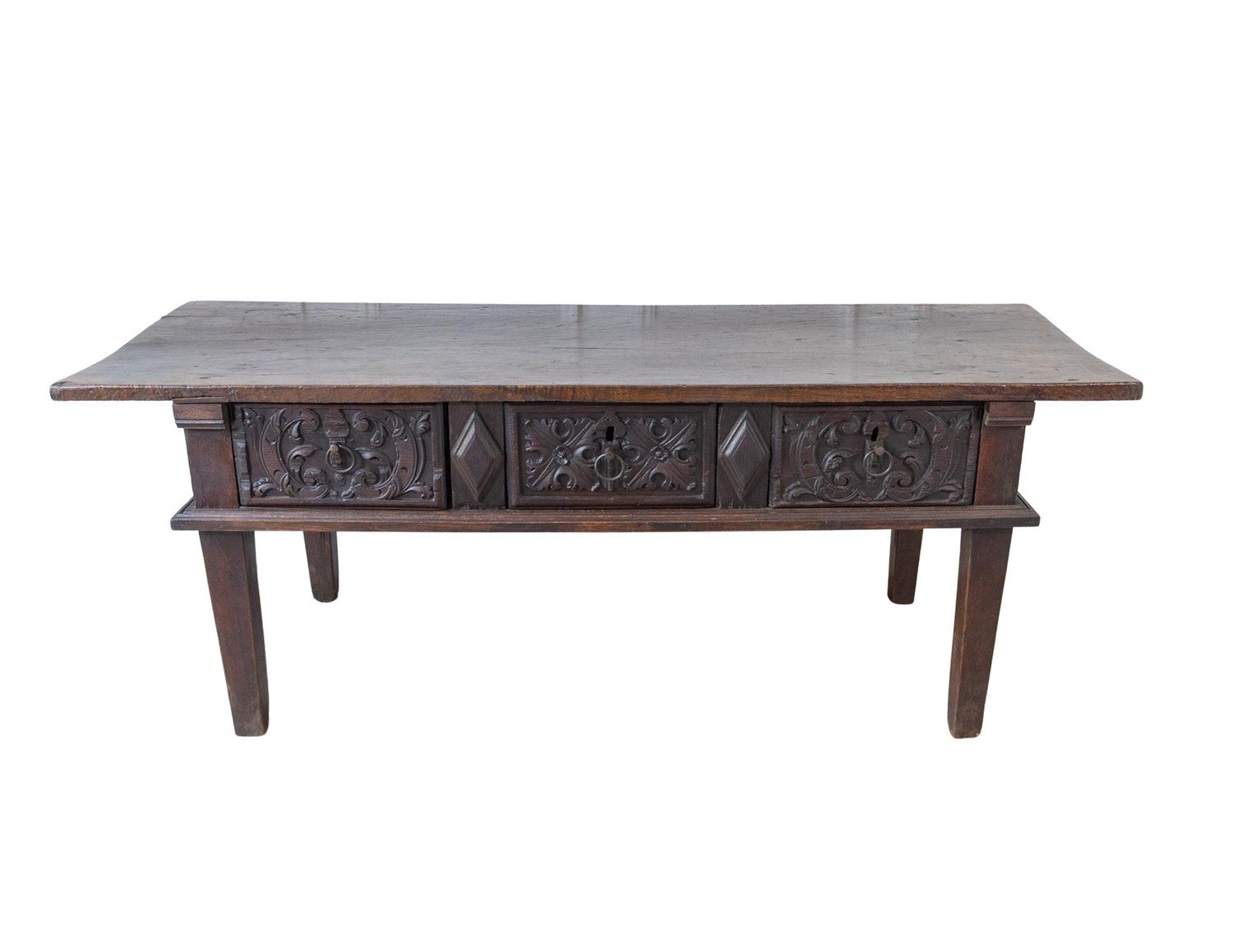18th century Spanish carved oak three drawer console table. Great colour. 1760.