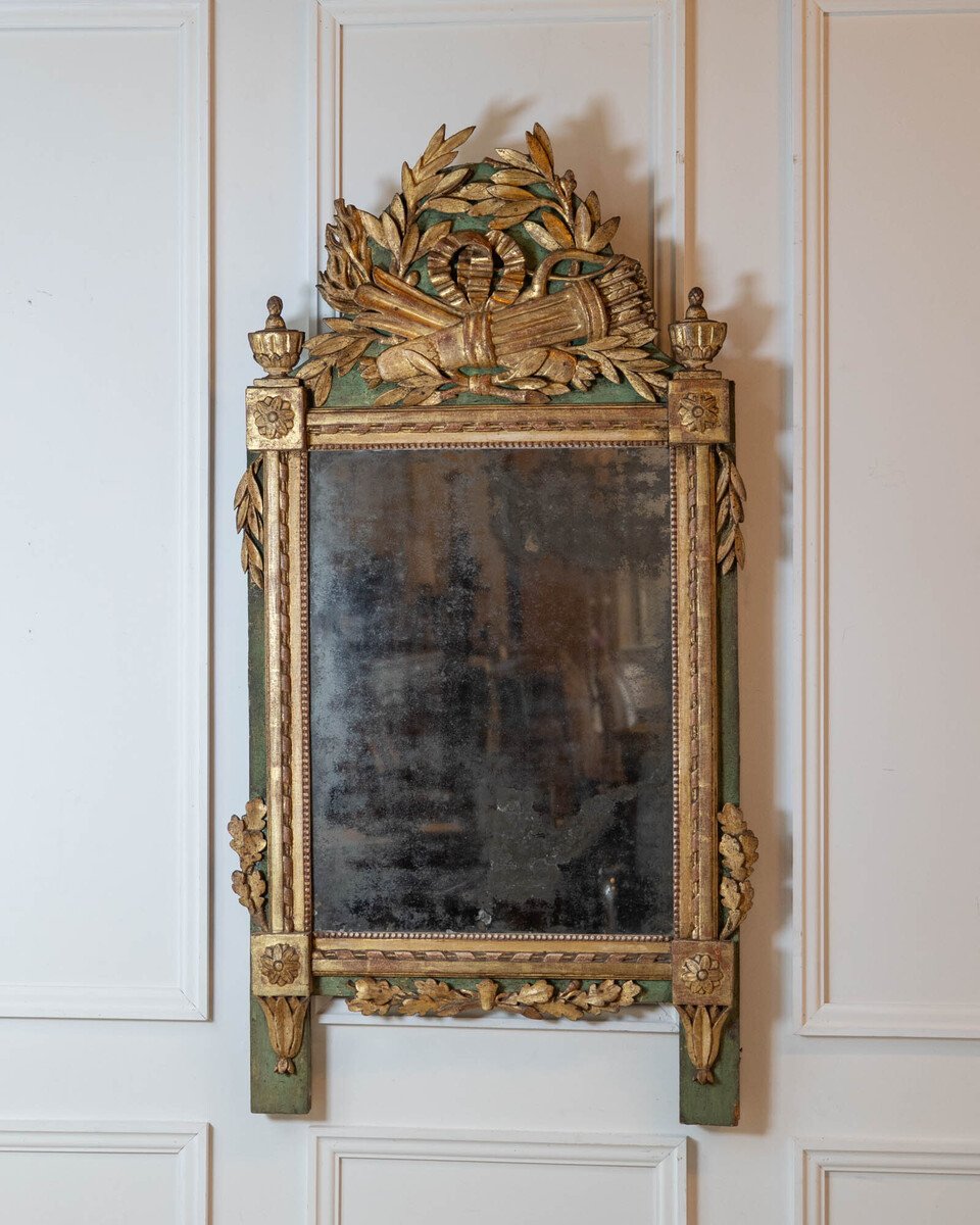 Large Louis XVI Giltwood Mirror with Laurel and Torch Crest, 18th Century - JAA