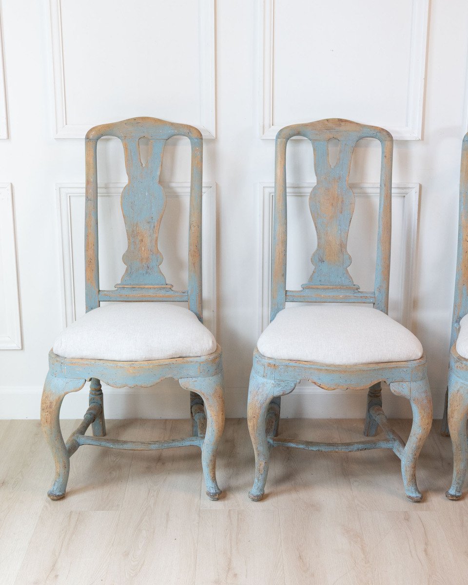 Set of Four Swedish Late Baroque Chairs in Blue Paint, 18th Century - JAA