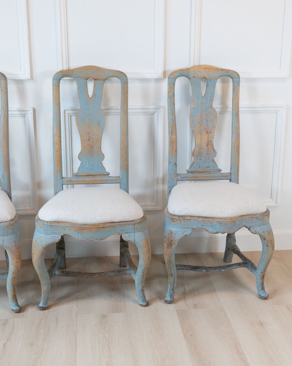 Set of Four Swedish Late Baroque Chairs in Blue Paint, 18th Century - JAA
