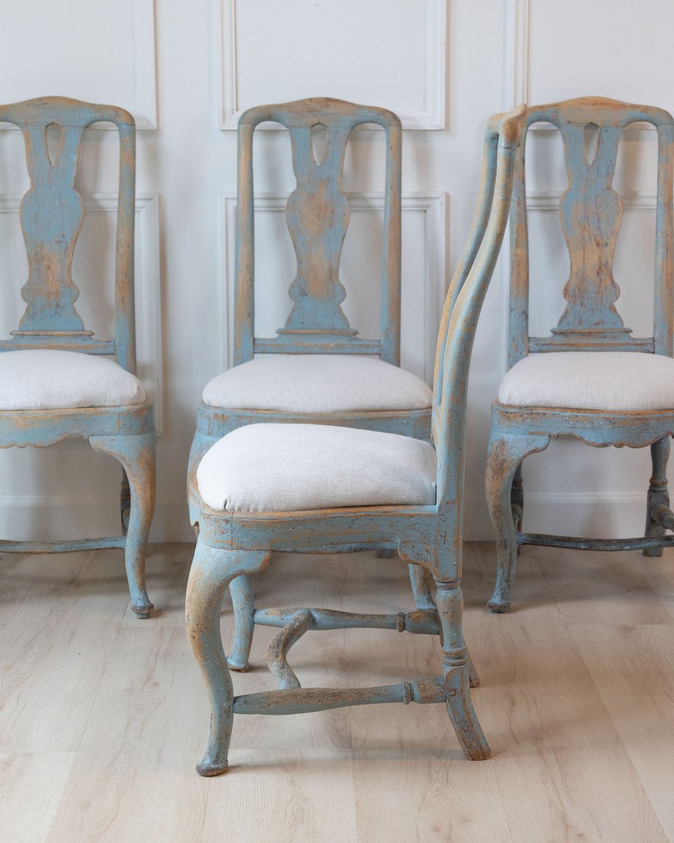 Set of Four Swedish Late Baroque Chairs in Blue Paint, 18th Century - JAA