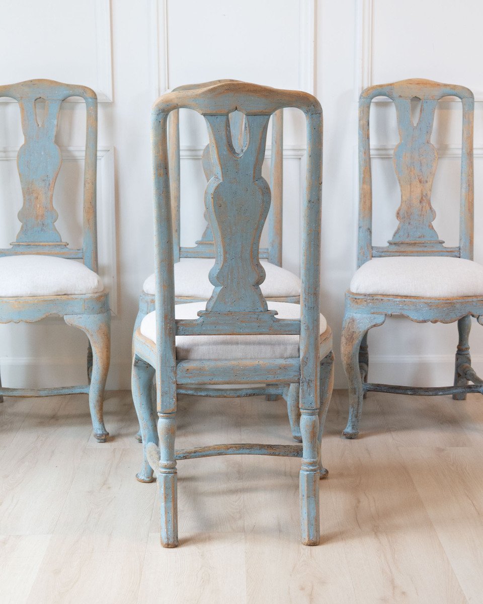 Set of Four Swedish Late Baroque Chairs in Blue Paint, 18th Century - JAA