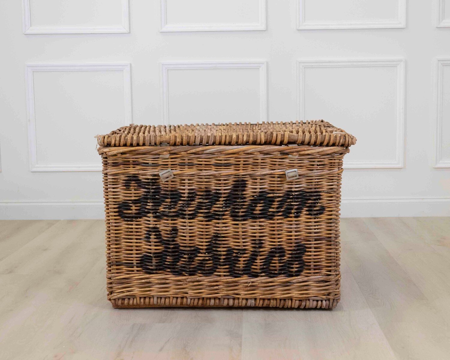 English wicker basket from a fabric mill. Would make a wonderful log basket. 1900. - JAA