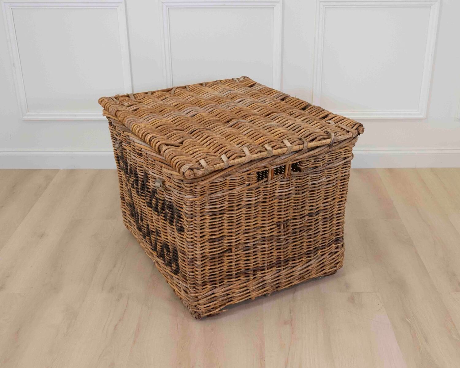 English wicker basket from a fabric mill. Would make a wonderful log basket. 1900. - JAA