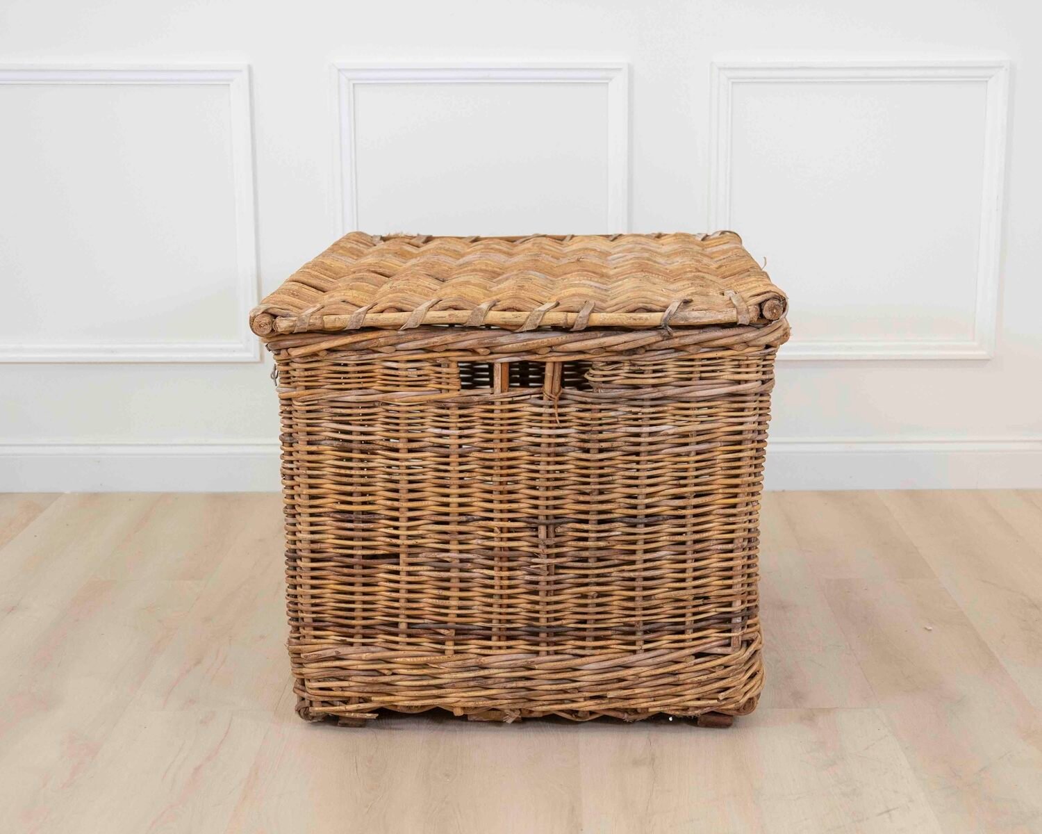 English wicker basket from a fabric mill. Would make a wonderful log basket. 1900. - JAA