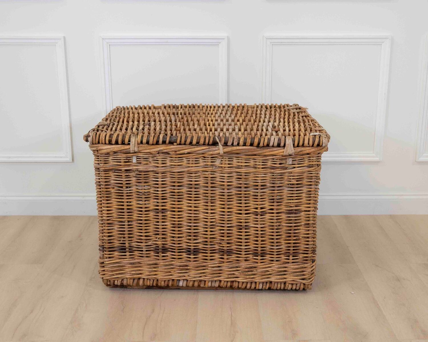 English wicker basket from a fabric mill. Would make a wonderful log basket. 1900. - JAA