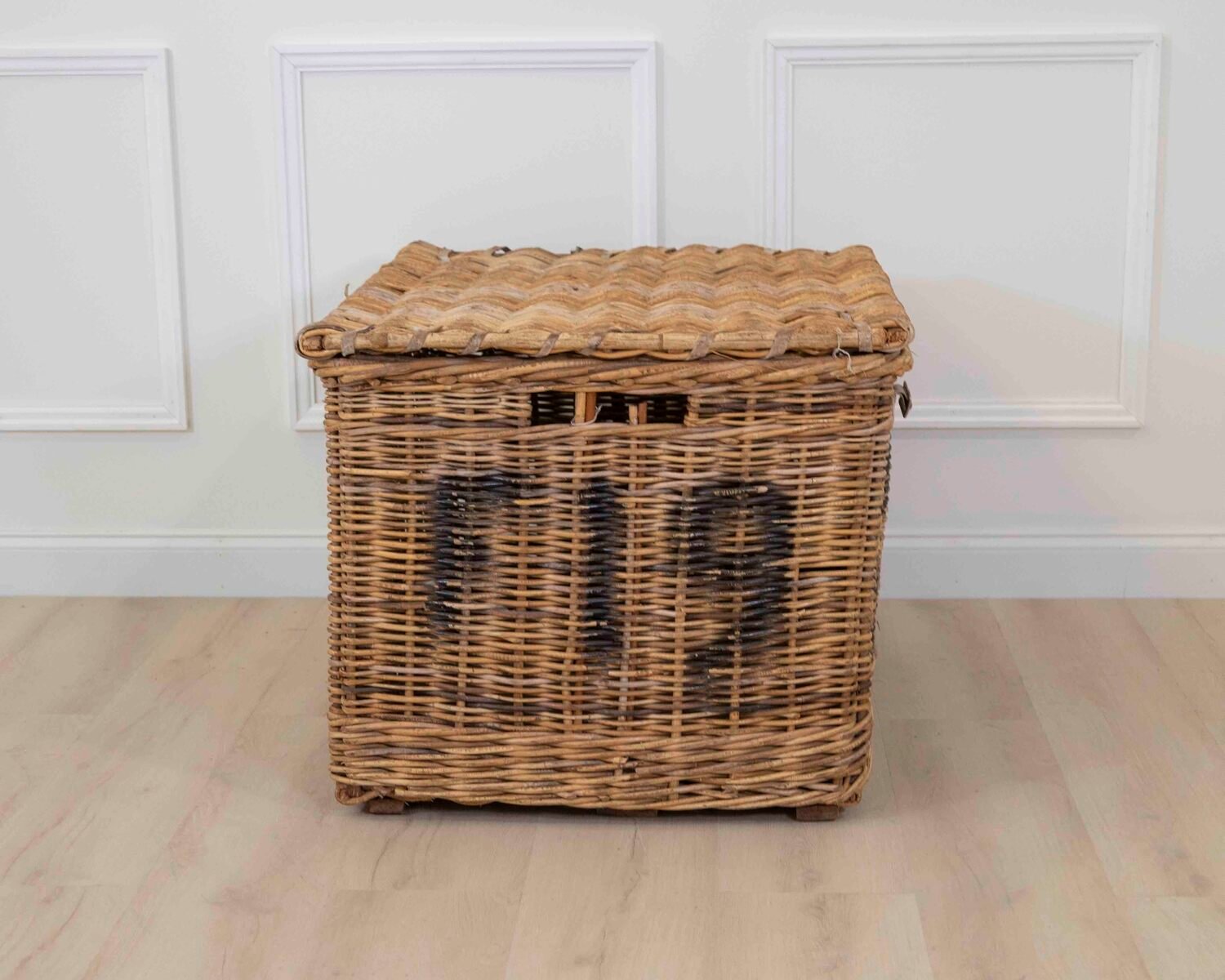 English wicker basket from a fabric mill. Would make a wonderful log basket. 1900. - JAA
