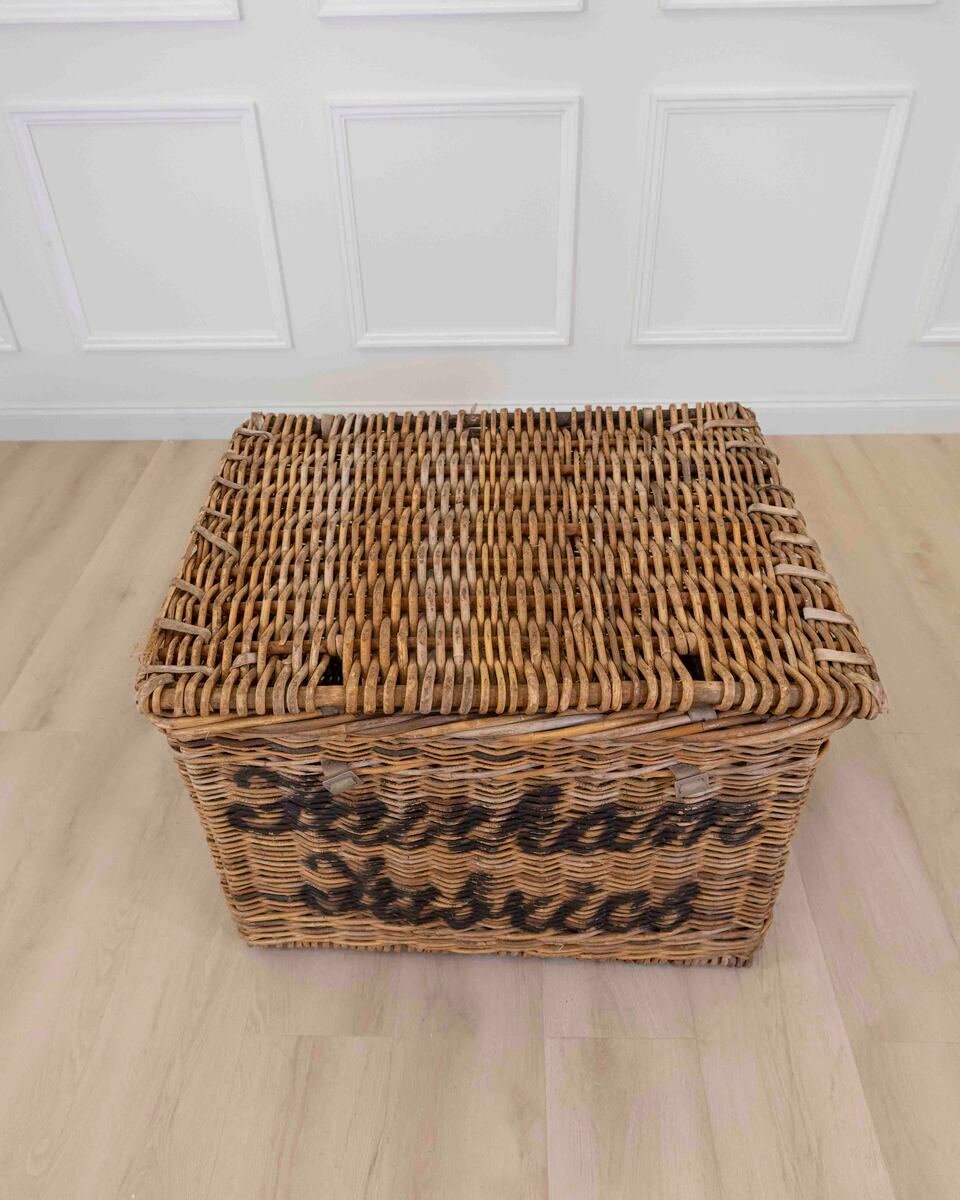 English wicker basket from a fabric mill. Would make a wonderful log basket. 1900. - JAA