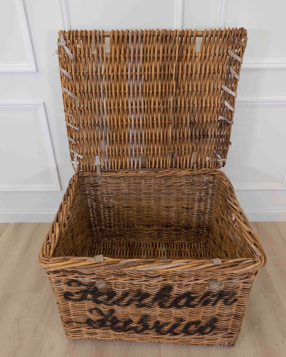 English wicker basket from a fabric mill. Would make a wonderful log basket. 1900. - JAA