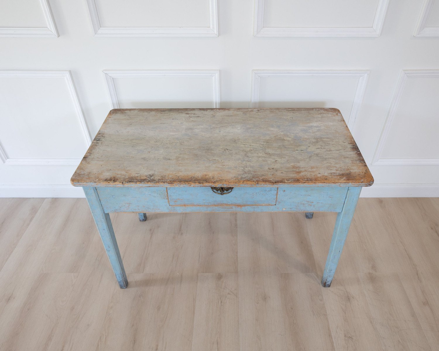 An antique Swedish farmhouse table in pale blue - JAA