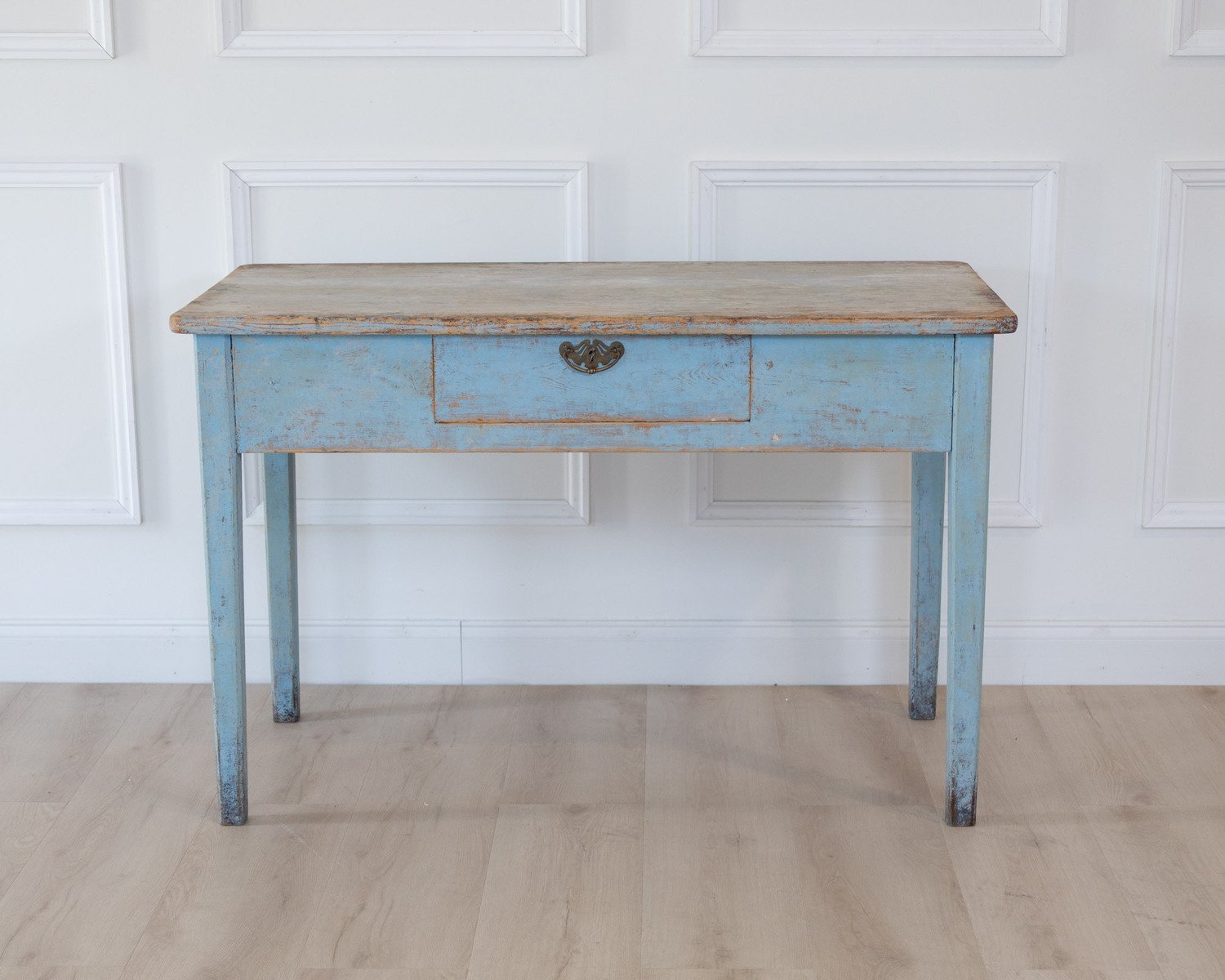 An antique Swedish farmhouse table in pale blue - JAA