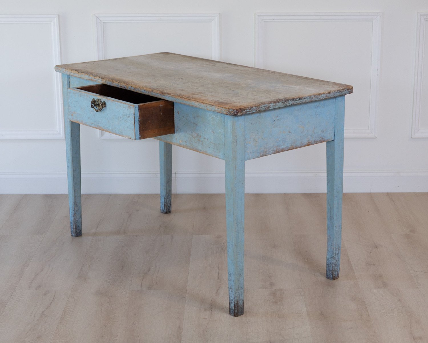 An antique Swedish farmhouse table in pale blue - JAA