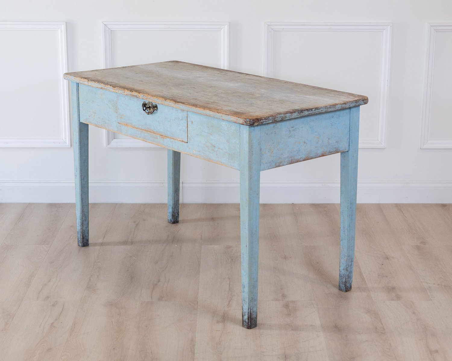 An antique Swedish farmhouse table in pale blue - JAA