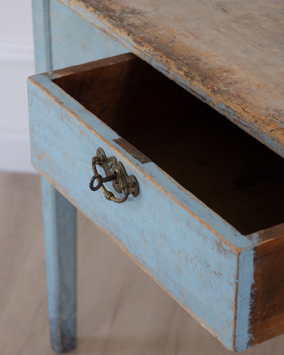 An antique Swedish farmhouse table in pale blue - JAA