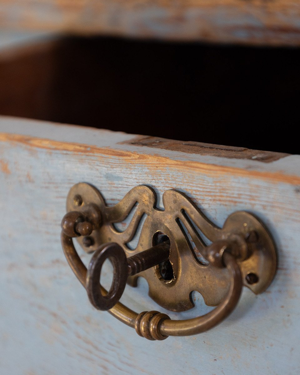 An antique Swedish farmhouse table in pale blue - JAA