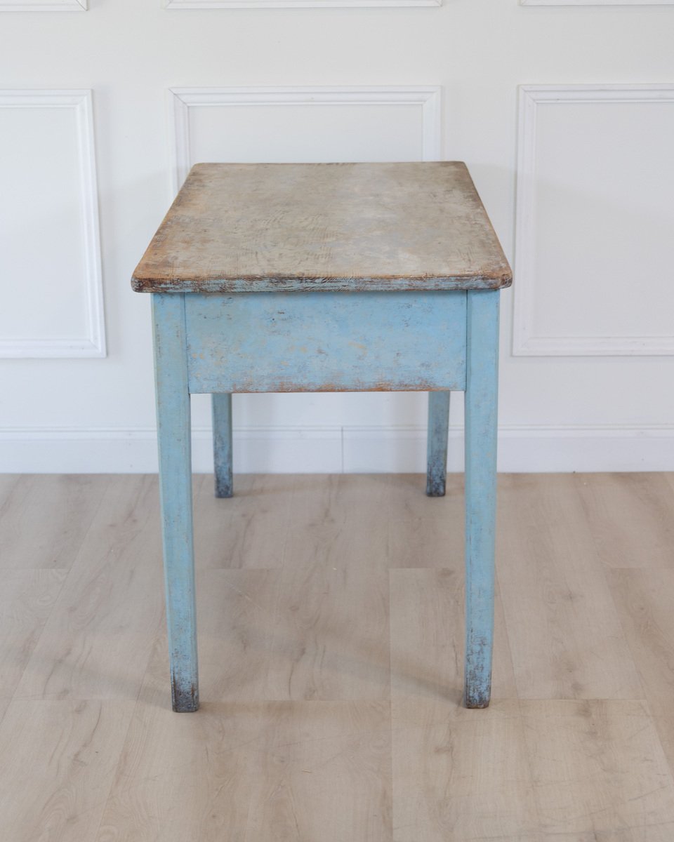 An antique Swedish farmhouse table in pale blue - JAA
