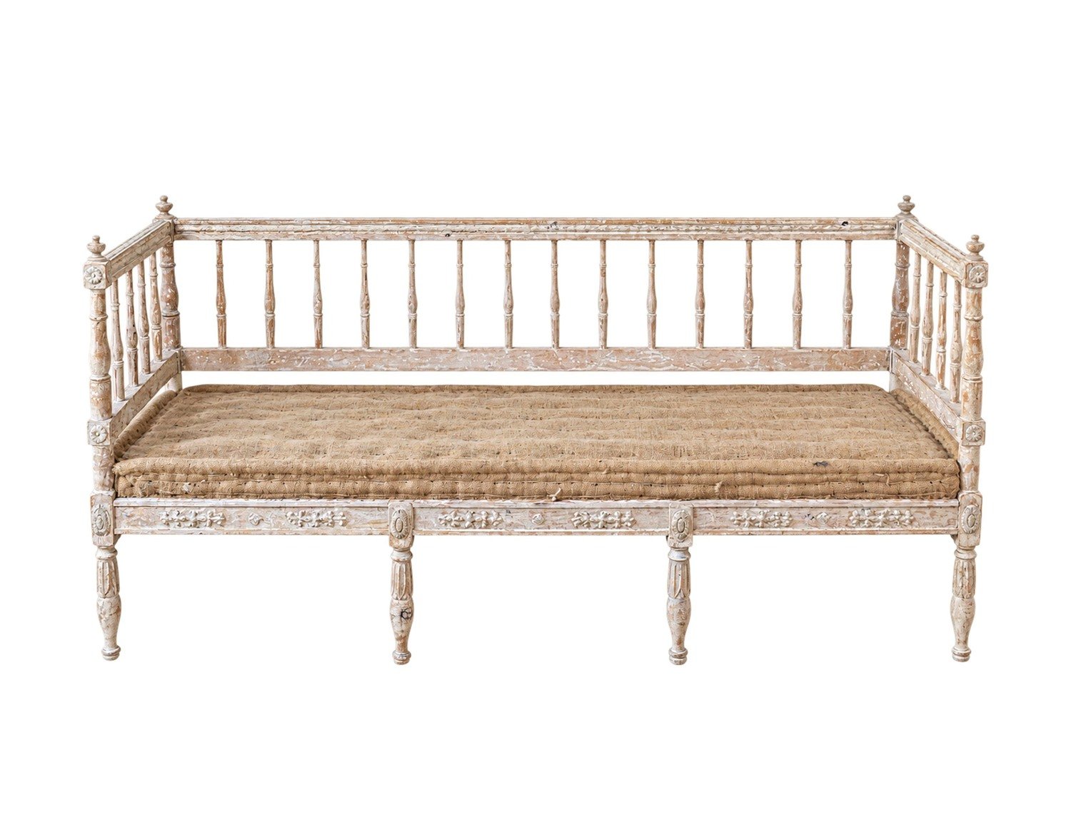 18th century Swedish original painted pine bench in need of upholstery. 1790.