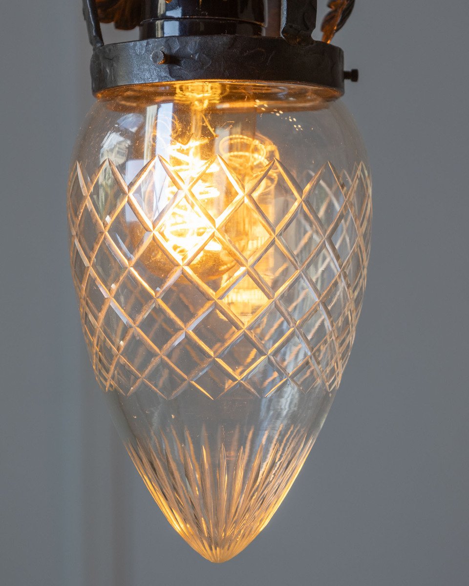 Art Deco Wrought Iron Pendant Light with Opaline Glass Shade - JAA