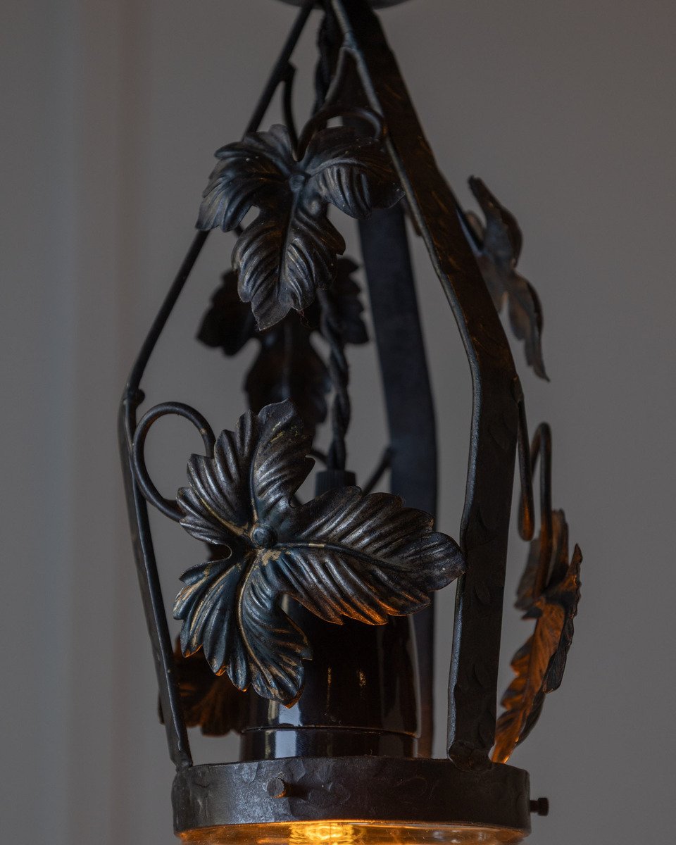 Art Deco Wrought Iron Pendant Light with Opaline Glass Shade - JAA