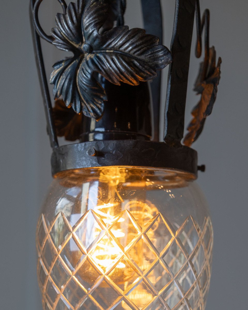Art Deco Wrought Iron Pendant Light with Opaline Glass Shade - JAA