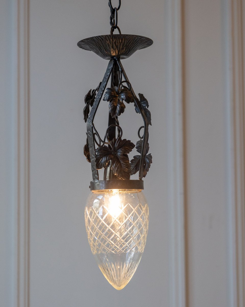Art Deco Wrought Iron Pendant Light with Opaline Glass Shade - JAA
