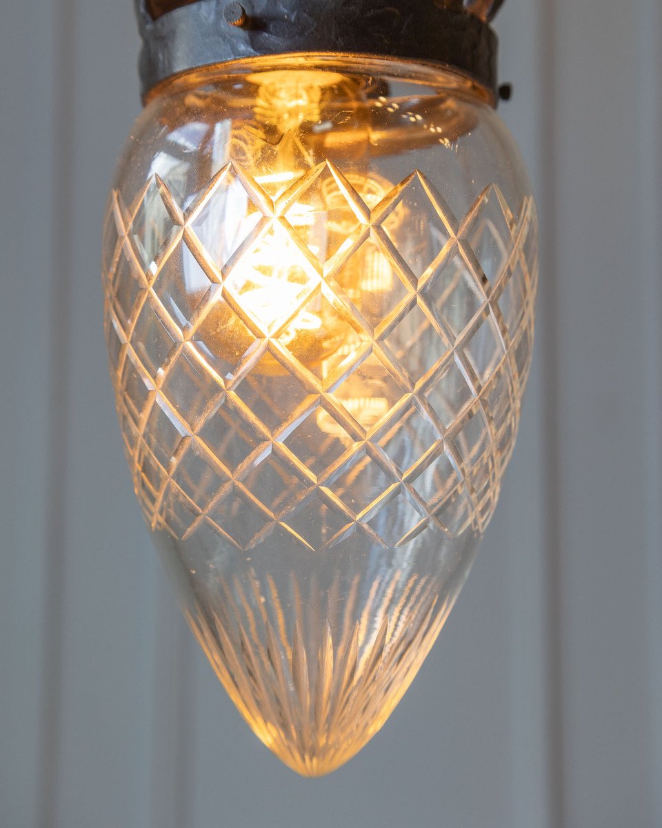 Art Deco Wrought Iron Pendant Light with Opaline Glass Shade - JAA