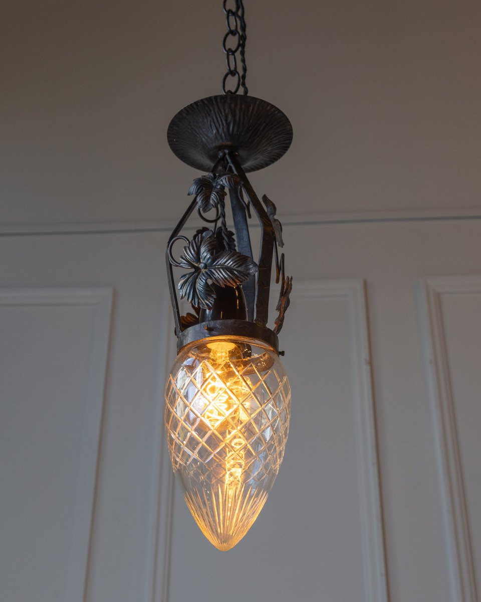Art Deco Wrought Iron Pendant Light with Opaline Glass Shade - JAA