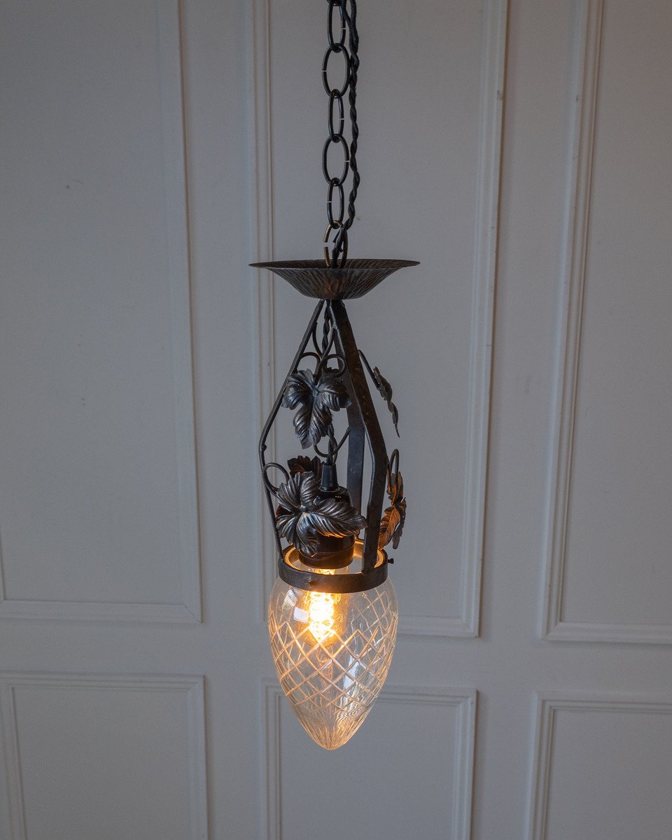 Art Deco Wrought Iron Pendant Light with Opaline Glass Shade - JAA