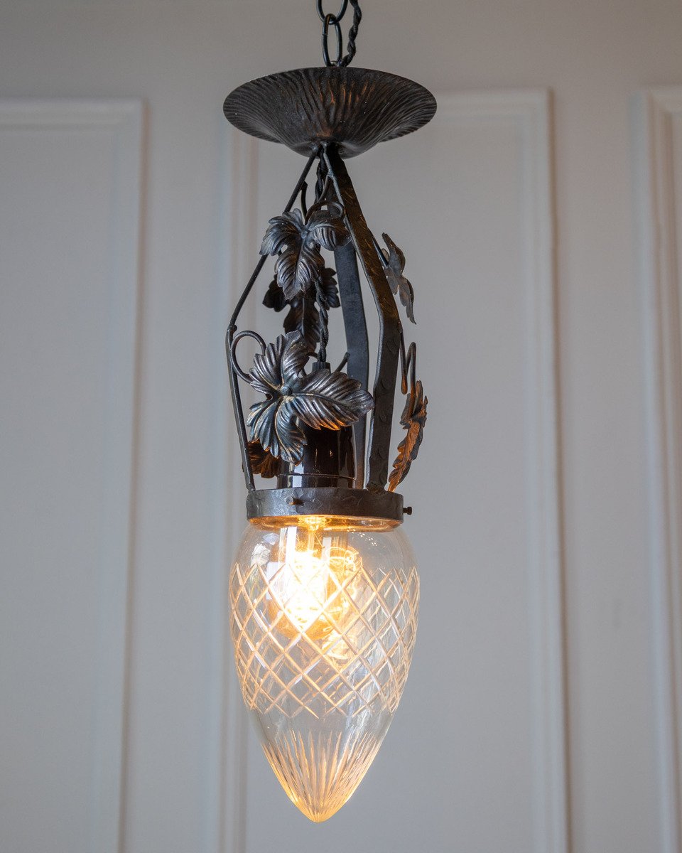 Art Deco Wrought Iron Pendant Light with Opaline Glass Shade - JAA