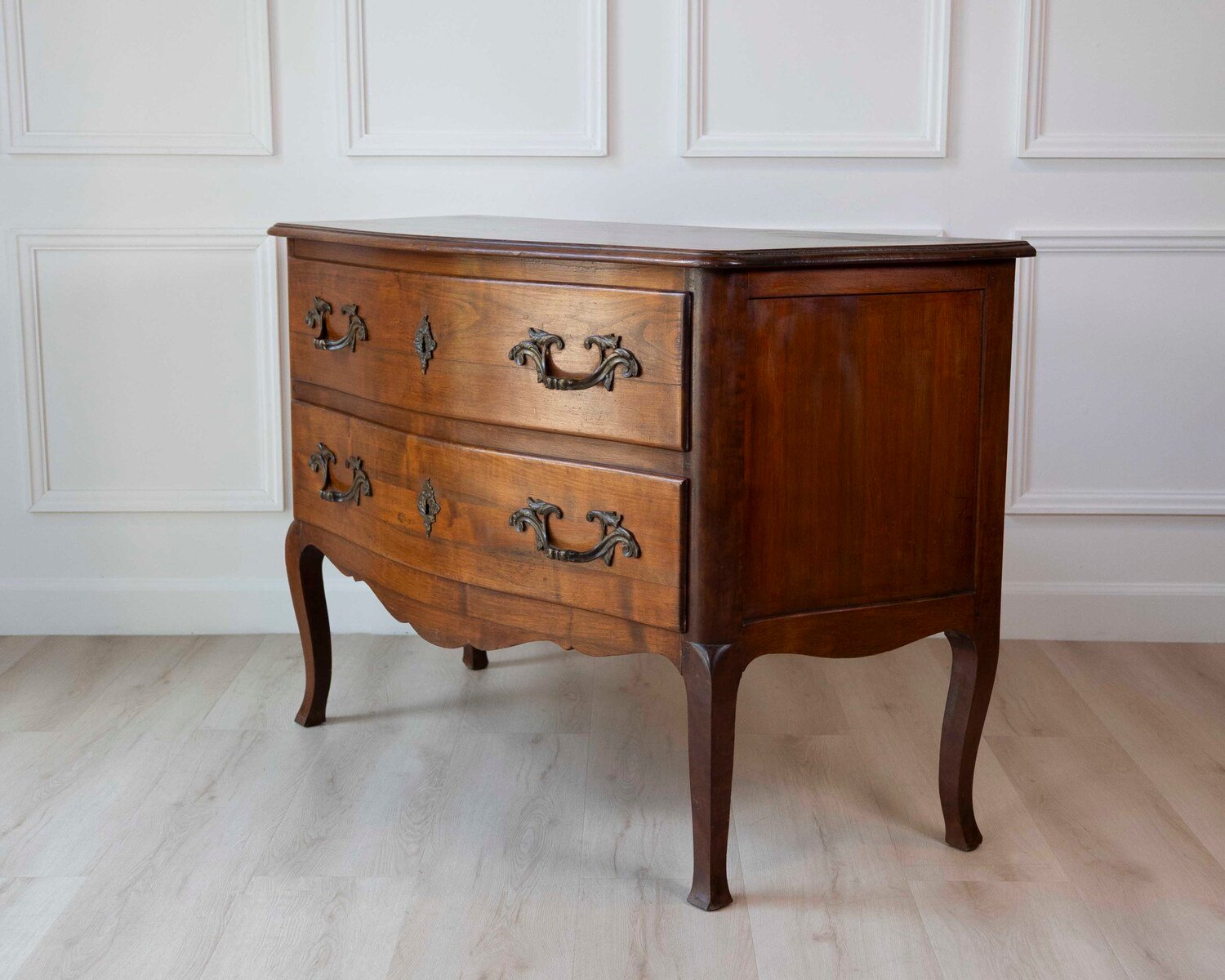 On Hold - Antique Louis XV Style Curved Walnut Commode - JAA