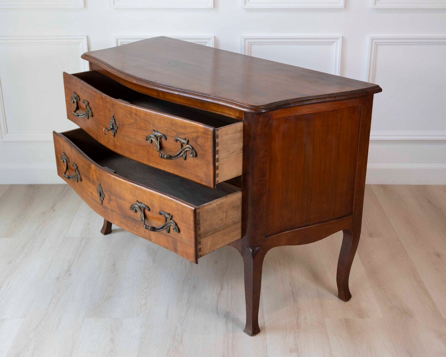 On Hold - Antique Louis XV Style Curved Walnut Commode - JAA
