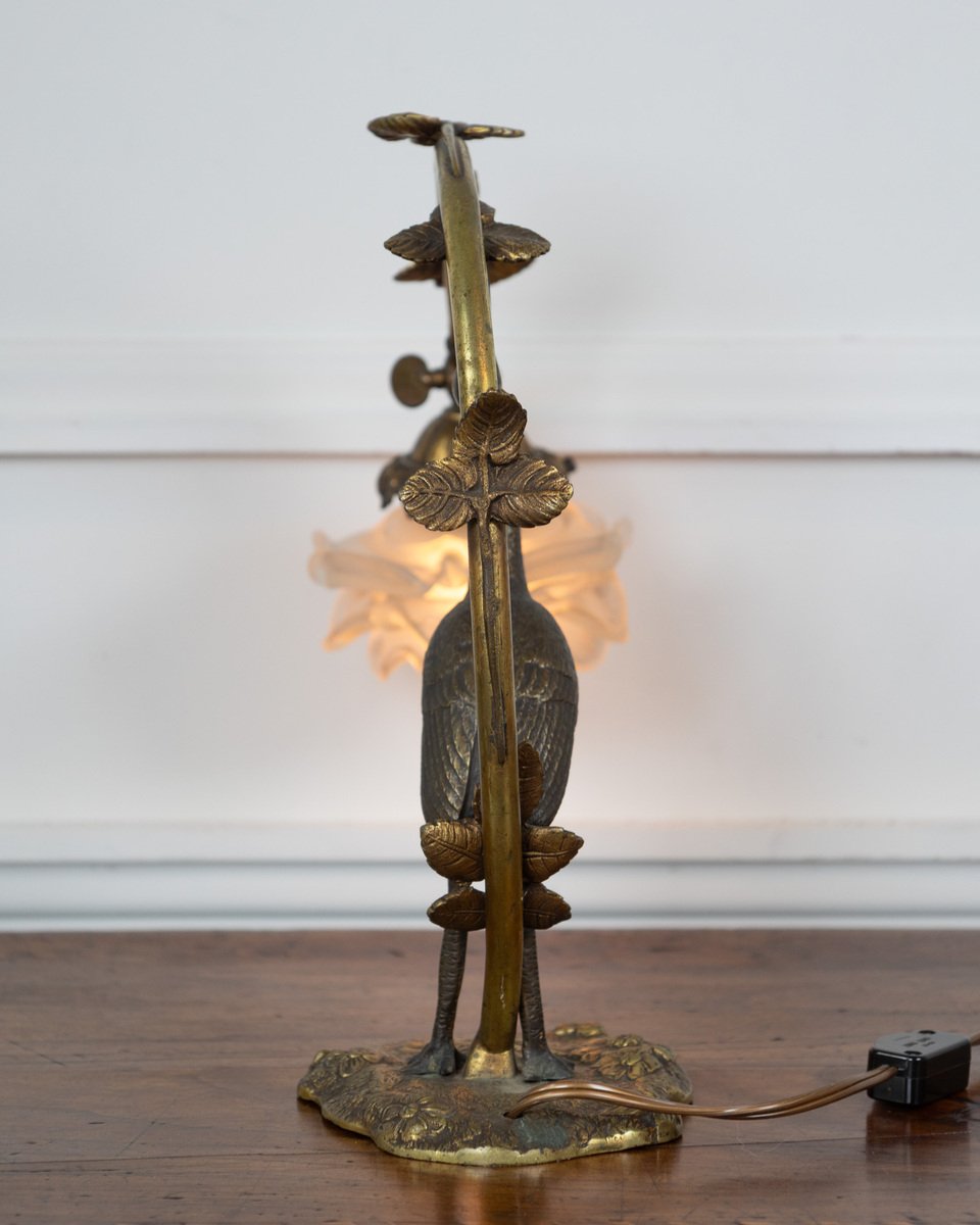French 20th Century Art Nouveau Bronze Heron Lamp - JAA