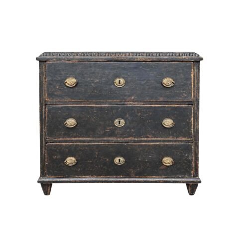 Swedish Gustavian Style Commode in Black Paint with Carved Top, 19th Century