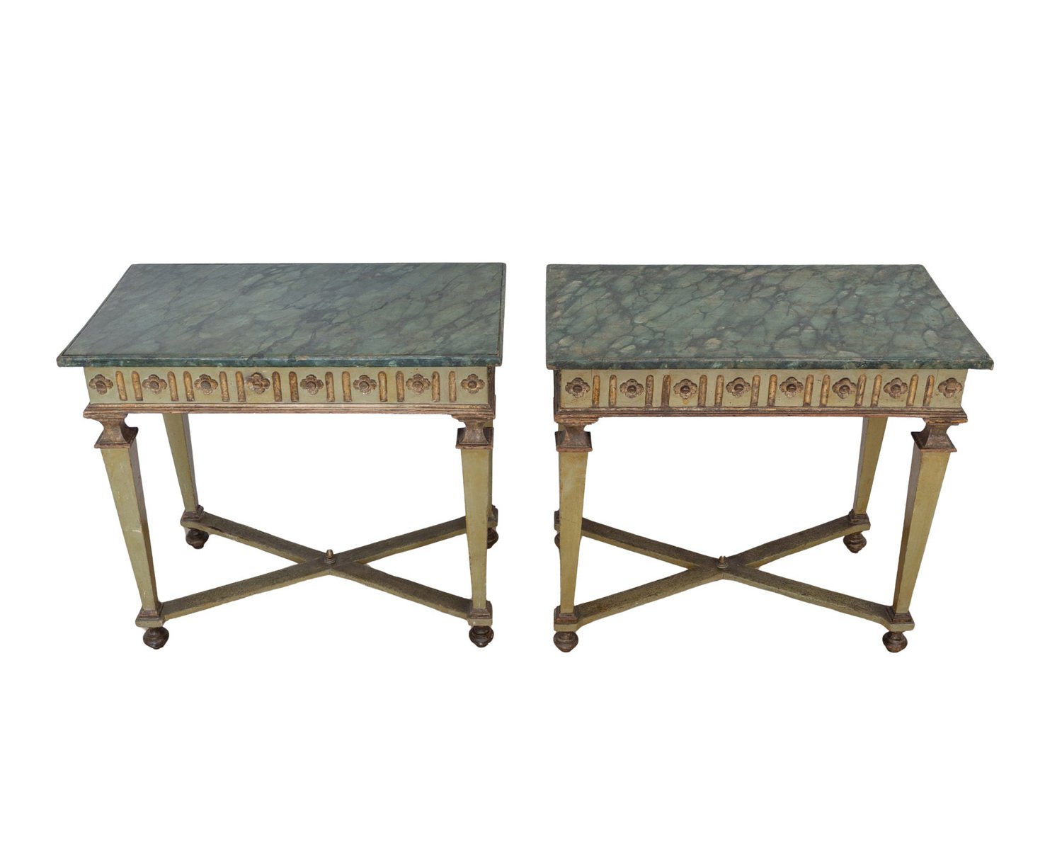 Pair of Louis XVI Green Lacquered and Mecca Gilt Consoles with Faux Marble Tops