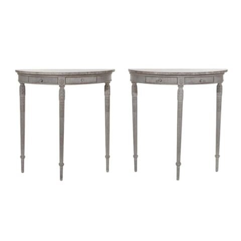 Fine pair of demi-lune tables with beautiful carvings and stone top, circa 19th C.