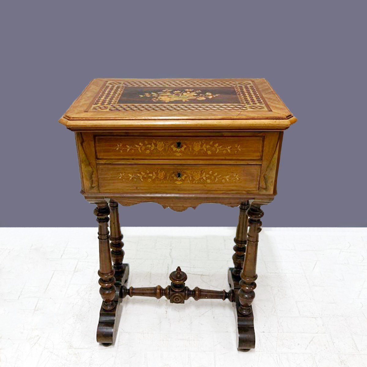 Late 19th Century Walnut Work Table with Floral Marquetry and Lift-Top Storage - JAA