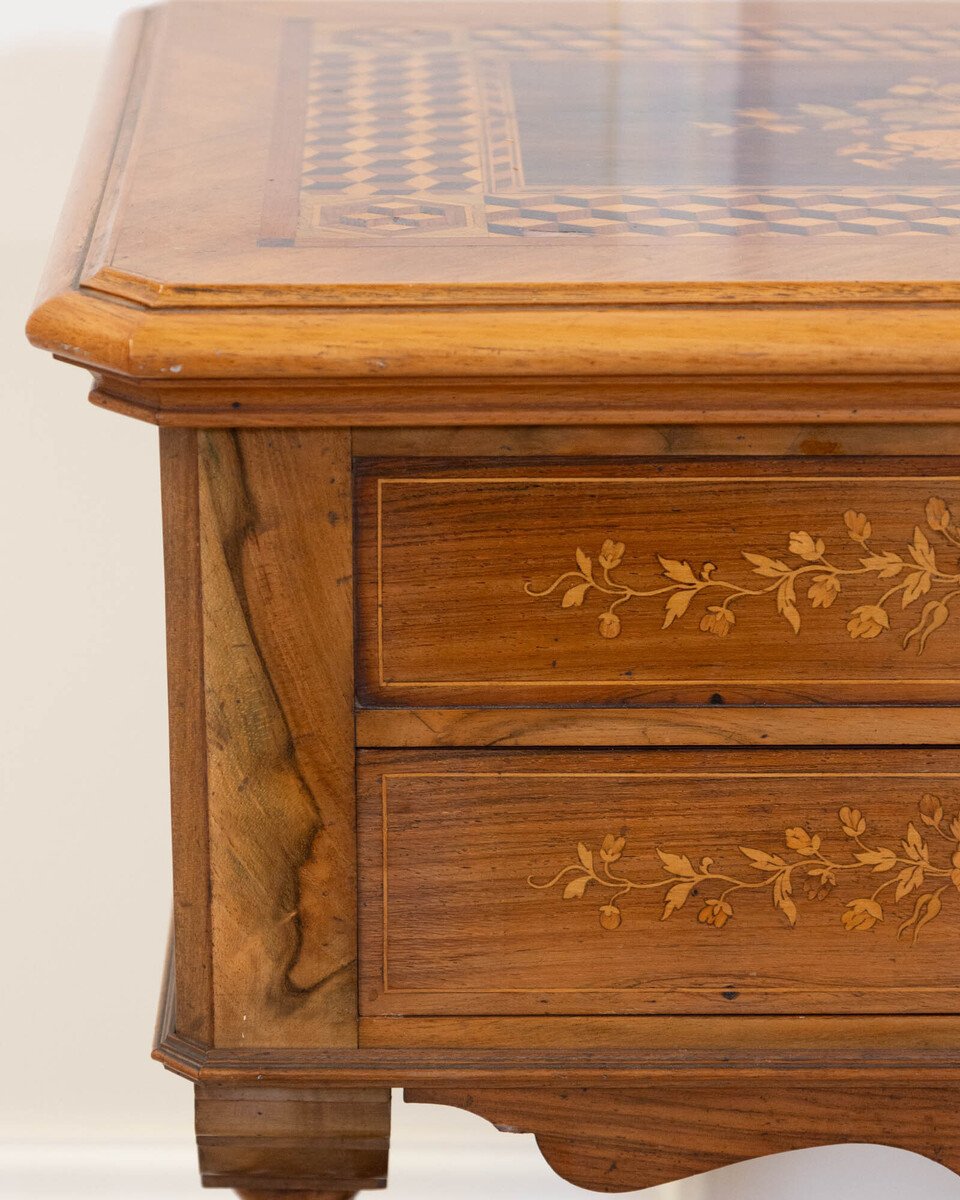 Late 19th Century Walnut Work Table with Floral Marquetry and Lift-Top Storage - JAA