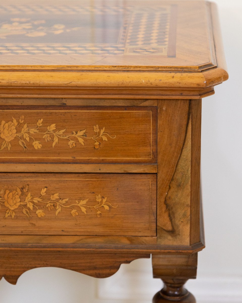 Late 19th Century Walnut Work Table with Floral Marquetry and Lift-Top Storage - JAA