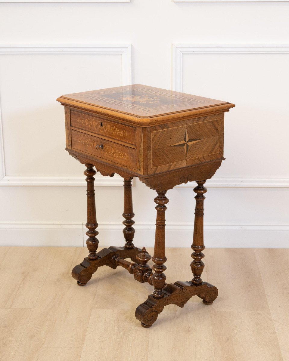 Late 19th Century Walnut Work Table with Floral Marquetry and Lift-Top Storage - JAA
