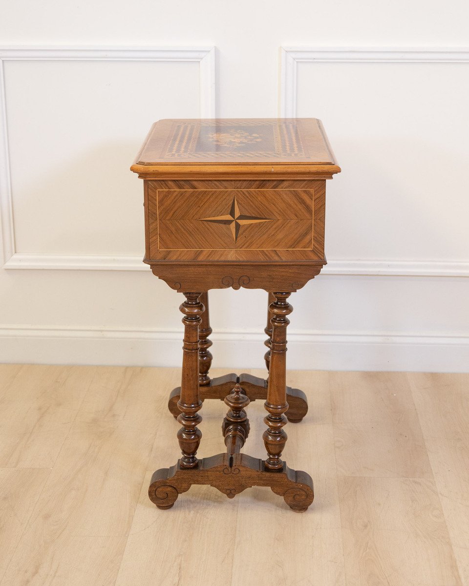 Late 19th Century Walnut Work Table with Floral Marquetry and Lift-Top Storage - JAA