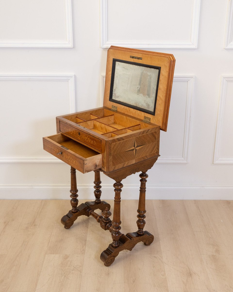 Late 19th Century Walnut Work Table with Floral Marquetry and Lift-Top Storage - JAA