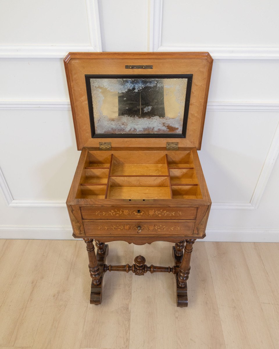 Late 19th Century Walnut Work Table with Floral Marquetry and Lift-Top Storage - JAA